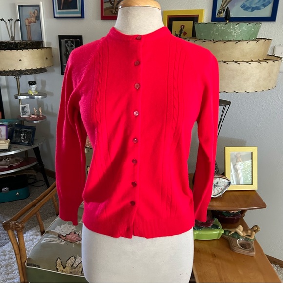 SOLD SOLD Vintage 1950s Sweater Red Orange Cardigan M L Pinup Rockabilly 50s - Picture 3 of 8